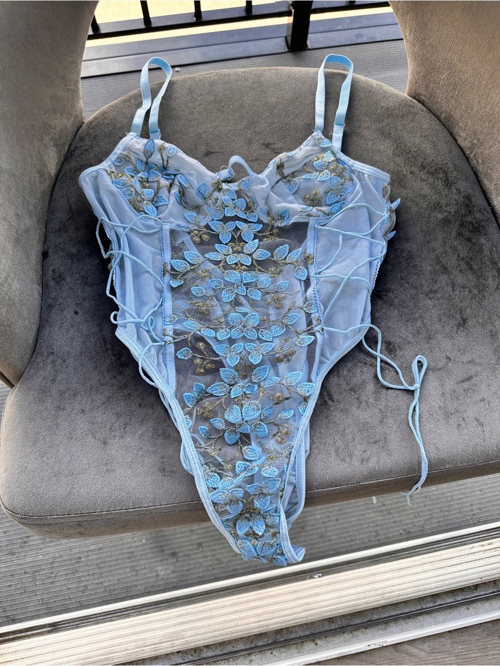 Sheer Floral Lace Bodysuit - Light Blue